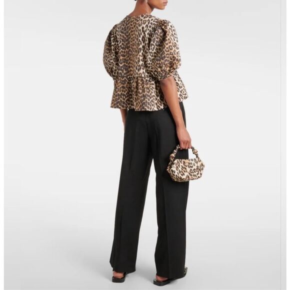 Kaktus Leopard Print Tie-Front Peplum Blouse Cotton Poplin Size Large NWT - Picture 11 of 13